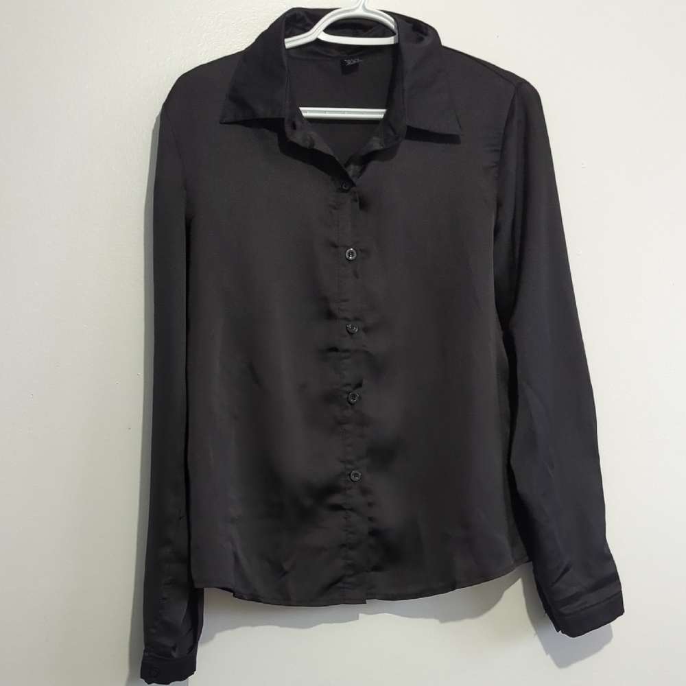 Shein Silky Black Long Sleeve Button Down Shirt M